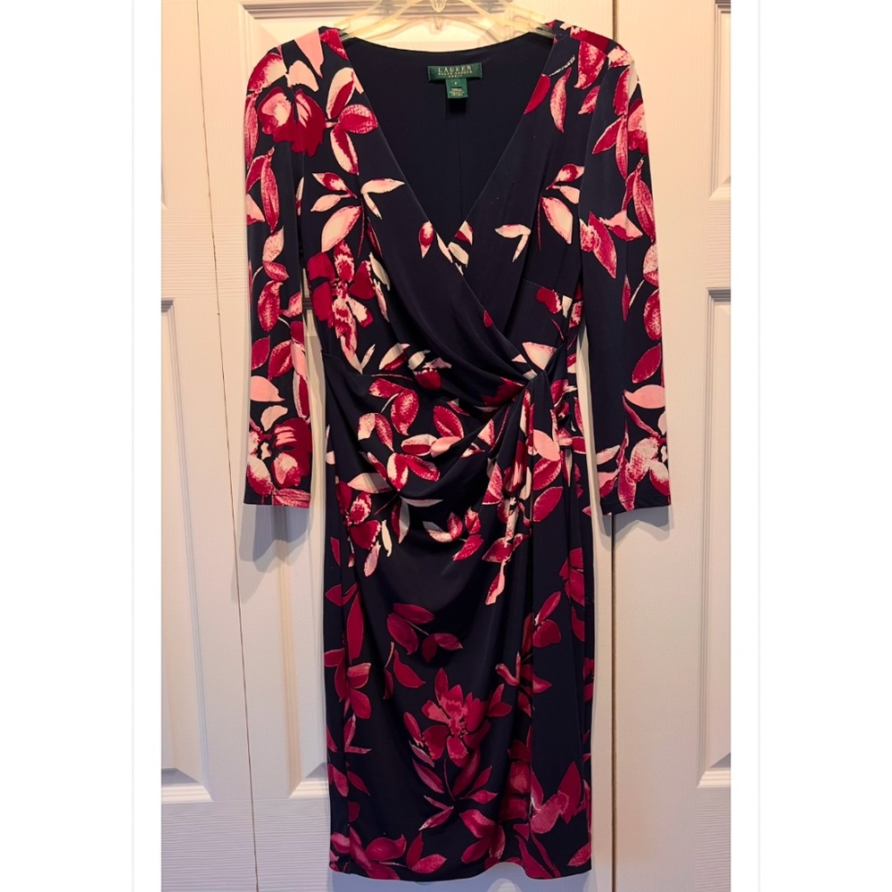 Lauren Ralph Lauren floral print knit faux wrap dress Size 0 long sleeve midi